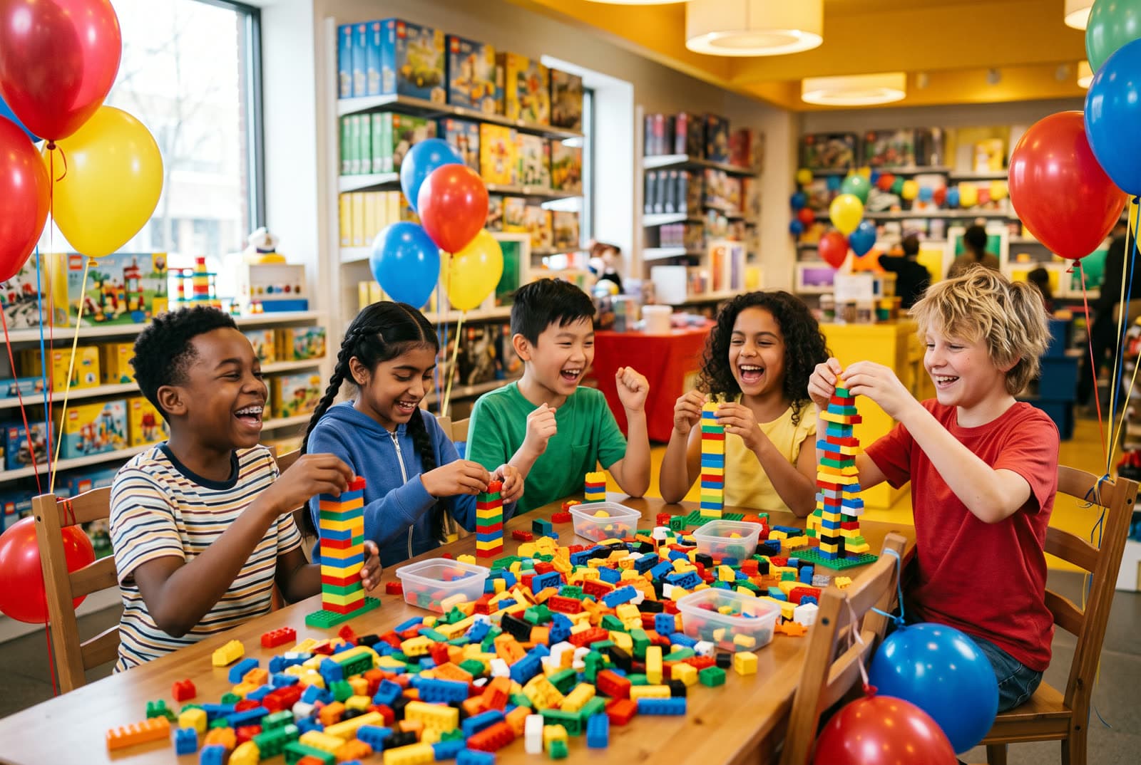 Five kids racing to build brick towers at a balloon-decorated party table