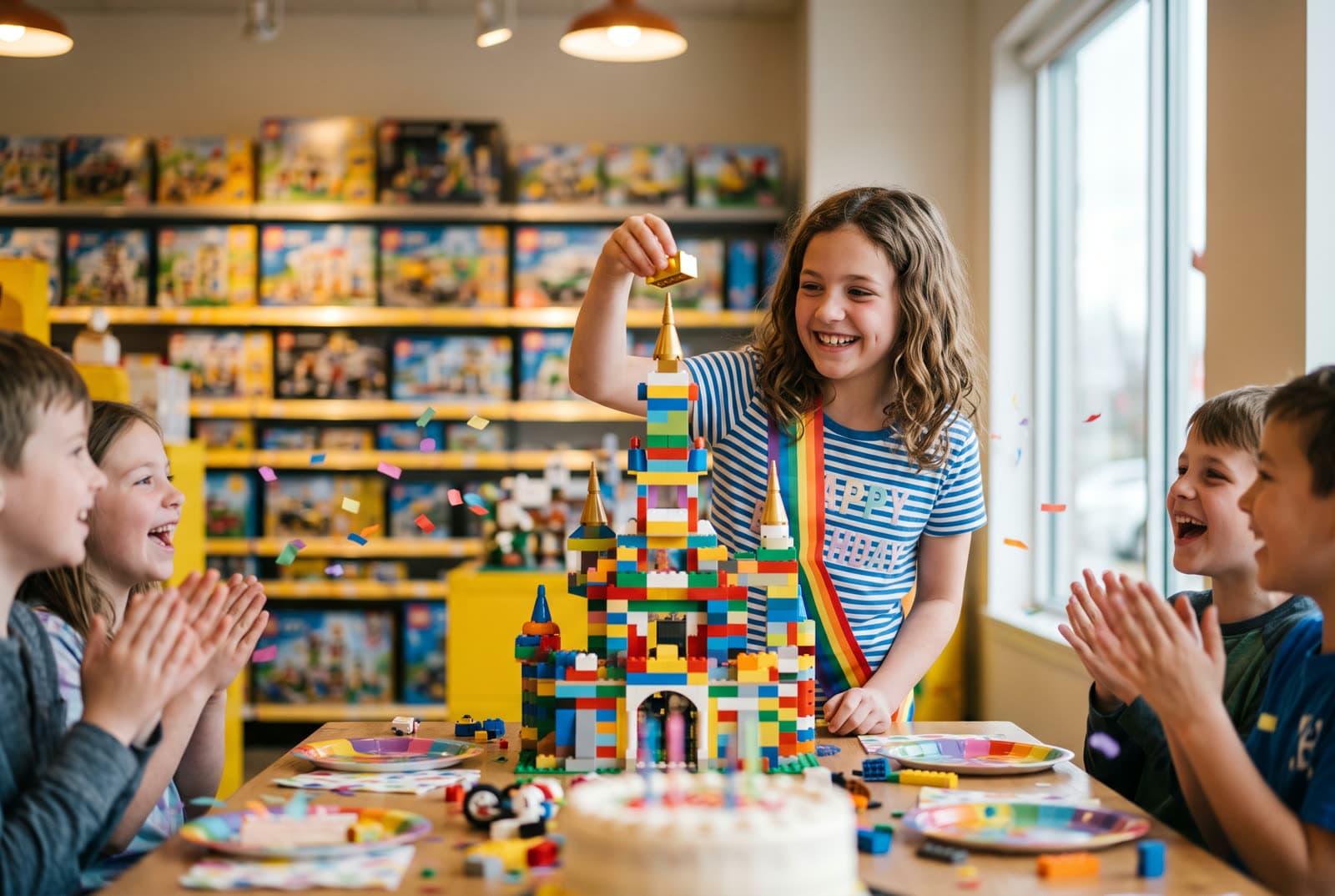 A birthday girl snapping the top brick onto a castle while friends cheer