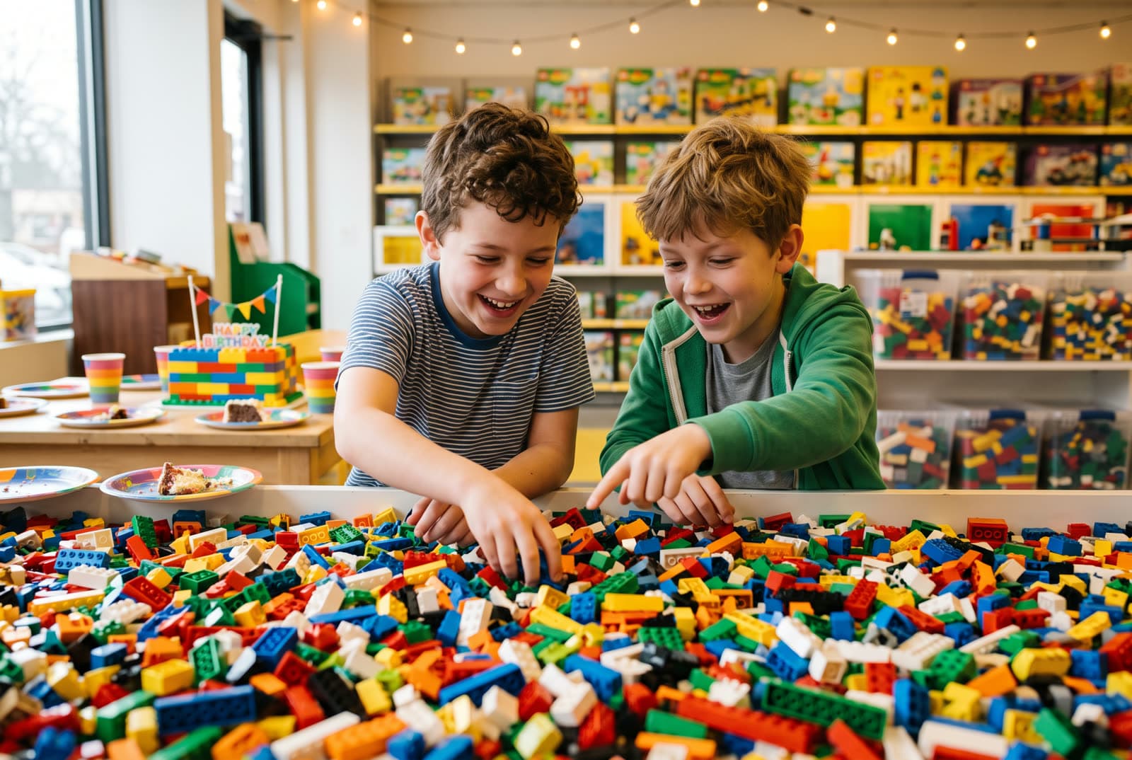 Two boys digging through a huge pile of colorful bricks together