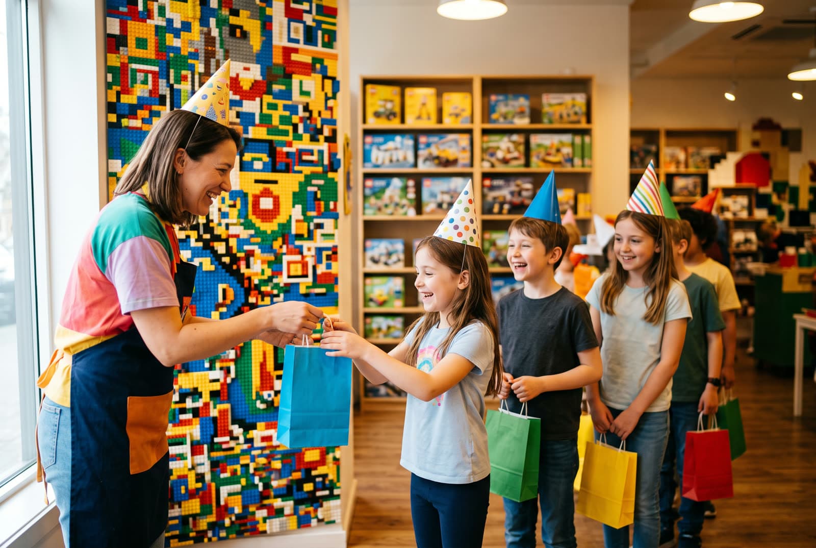 A party host handing goodie bags of bricks to kids in party hats