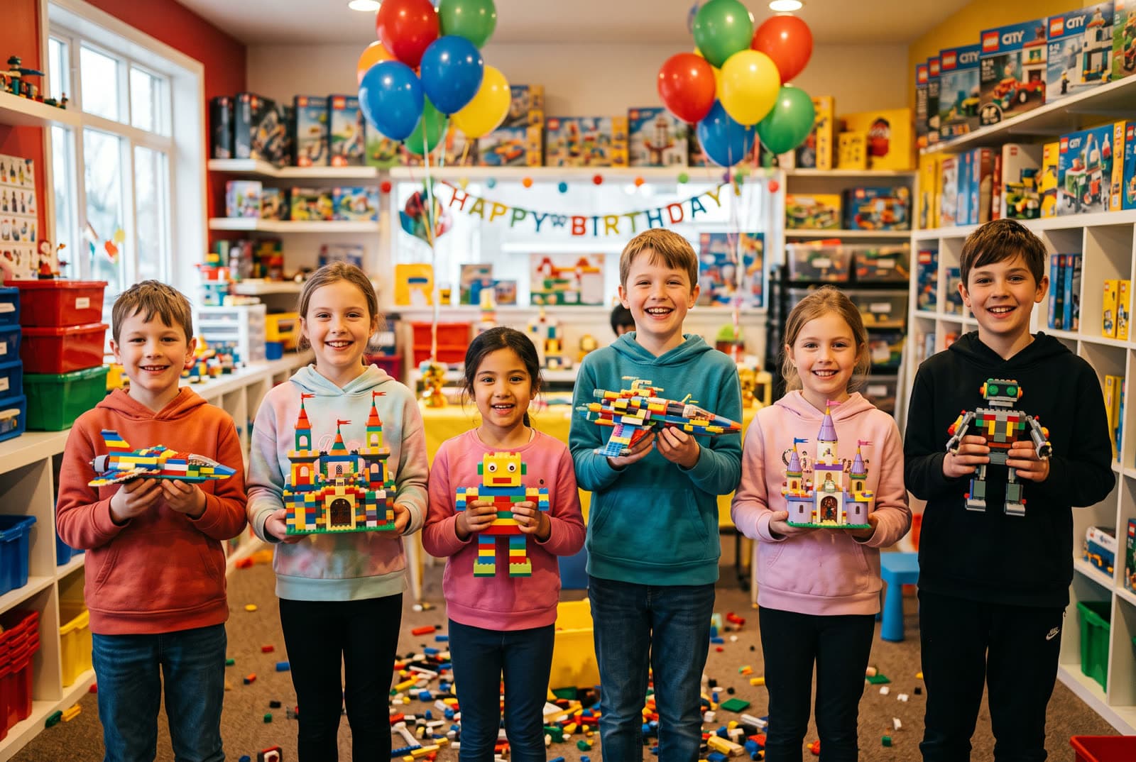 Kids proudly holding up their finished brick spaceships, castles, and robots