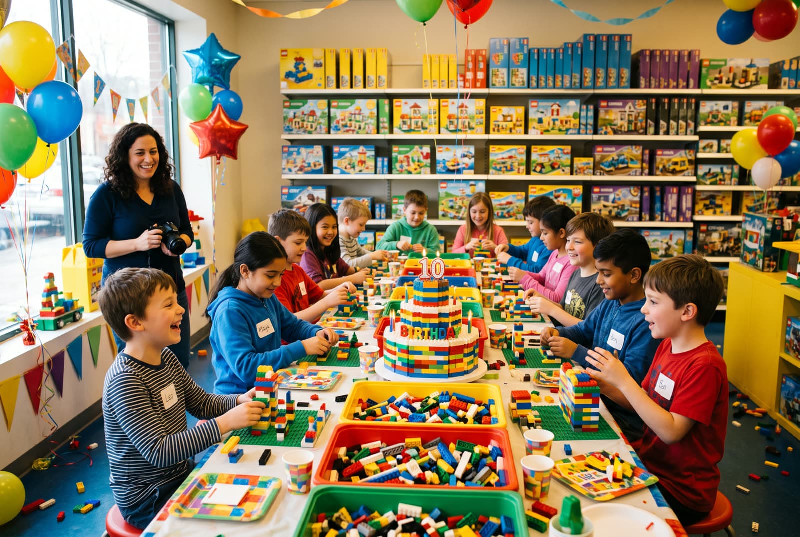 The whole party in full swing — a long table of kids building with bricks